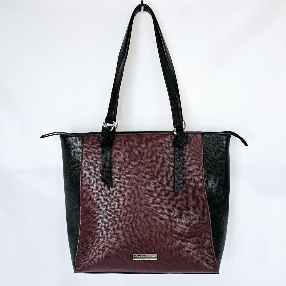 Jones New York Signature Burgundy Black Colorblock Tote Bag Purse NWOT